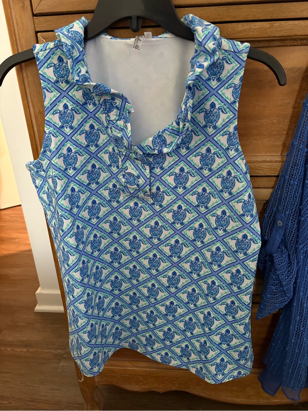 Lulu-B Blue Green & Cream Turtle Print Women's Top with Ruffle Collar
